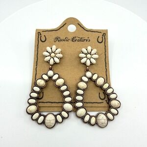Rustic Couture White Stone Flower Drop Earrings Western Boho Statement Jewelry
